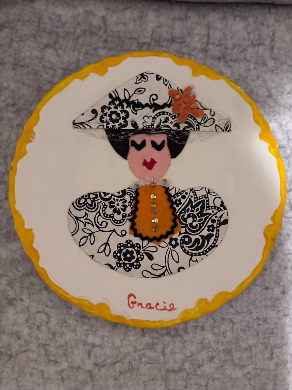 Vintage 1960 Handmade Decorative Lady Plate with Yellow Trim